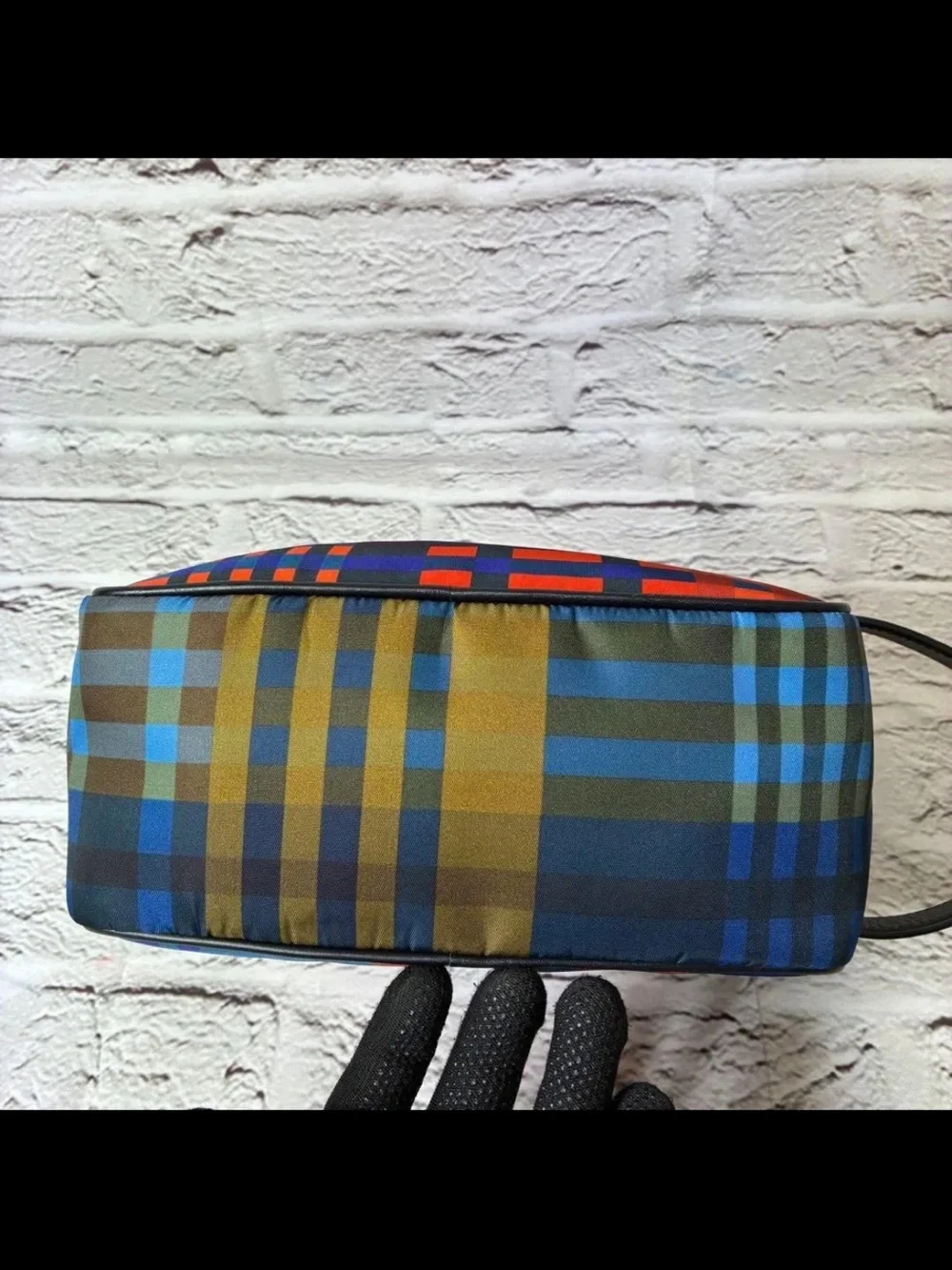Mulberry Red and Blue Plaid Leather-Trim Toiletry Bag